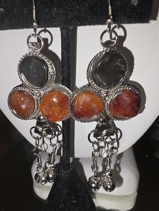 Artisan Jewelry - Artisan Tribal Carnelian and Jasper Trefoil Statement Dangle Pierced Earrings